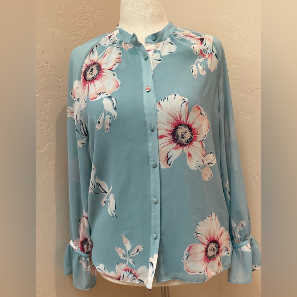 Ann Taylor Sky-Blue Floral Mandarin-Collar Blouse